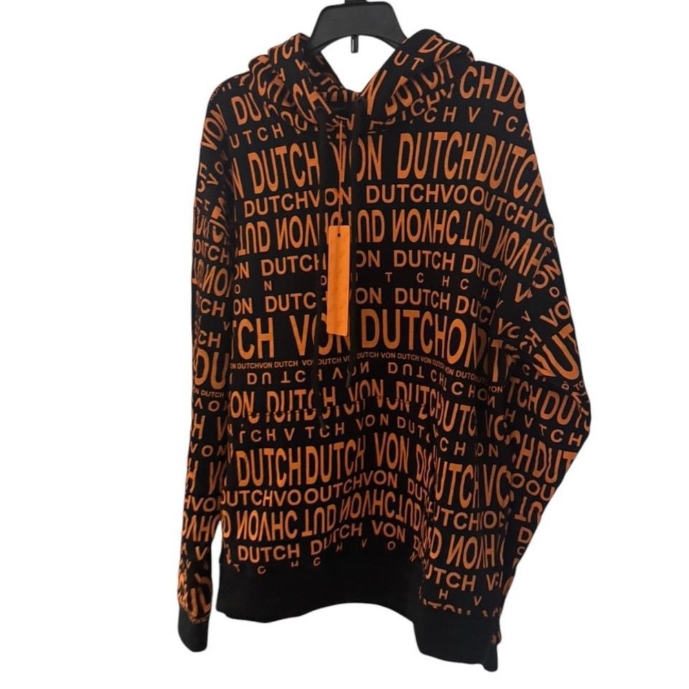 Von Dutch original Paris hoodie orange black Sweatshirt all over monogram size s
